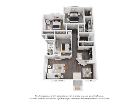 A 3D floor plan of a house with labeled rooms and dimensions.